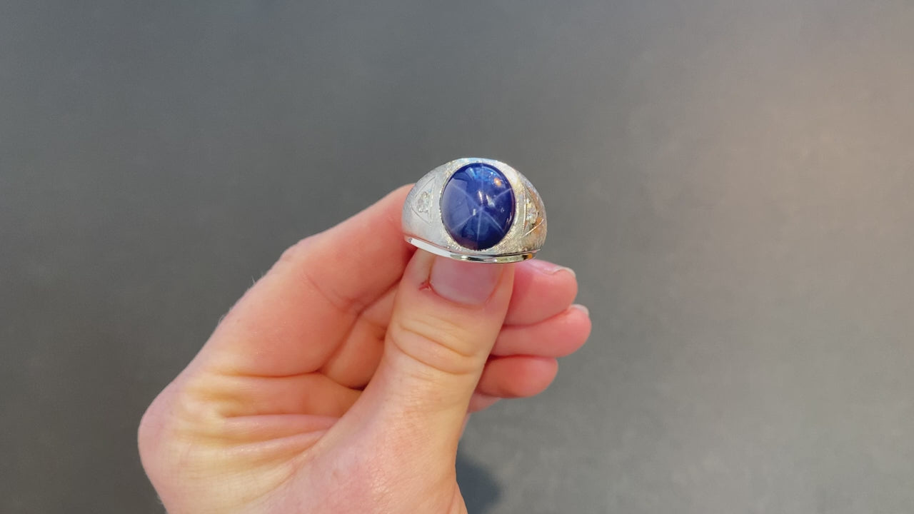 14K White Gold Gentleman's Synthetic Star Sapphire and Fine Diamond Ring