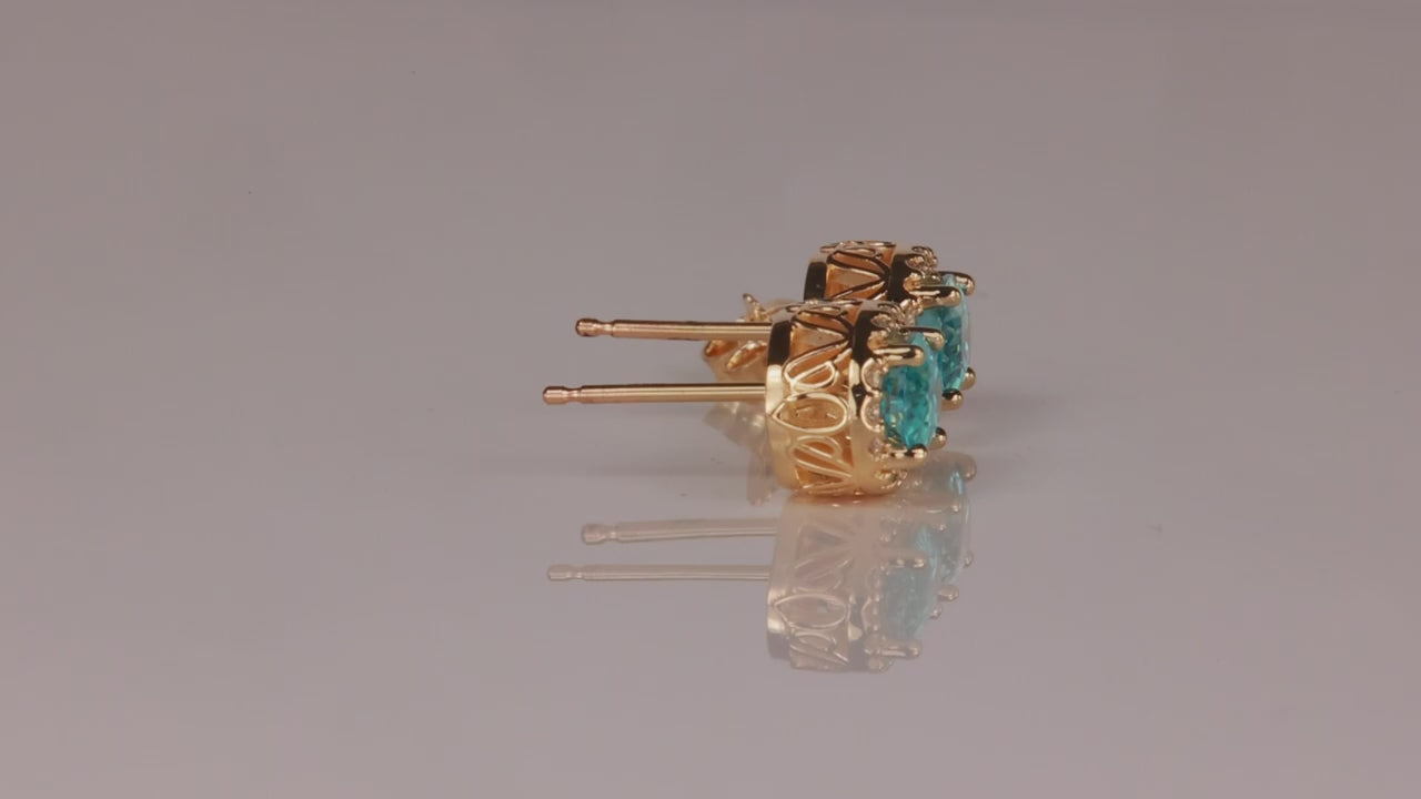 14K Yellow Gold Oval 2.20 Carats Blue Zircon Earrings with Diamonds