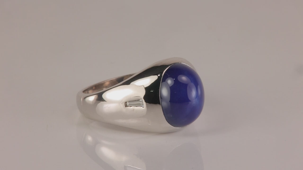 14K White Gold Oval Linde Star Sapphire and Diamond Ring
