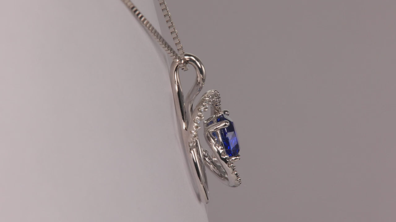 14K White Gold Oval Sapphire and Diamond Swirl Pendant .99cts