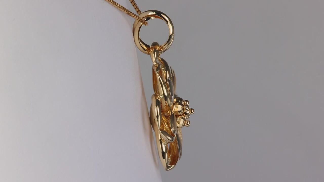 14K Yellow Gold Brushed and High Polish Flower Pendant