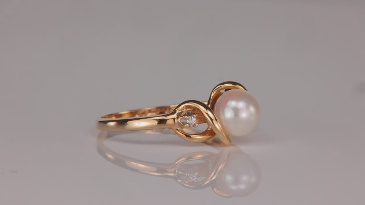 14K Yellow Gold Pearl and Diamond Accent Ring