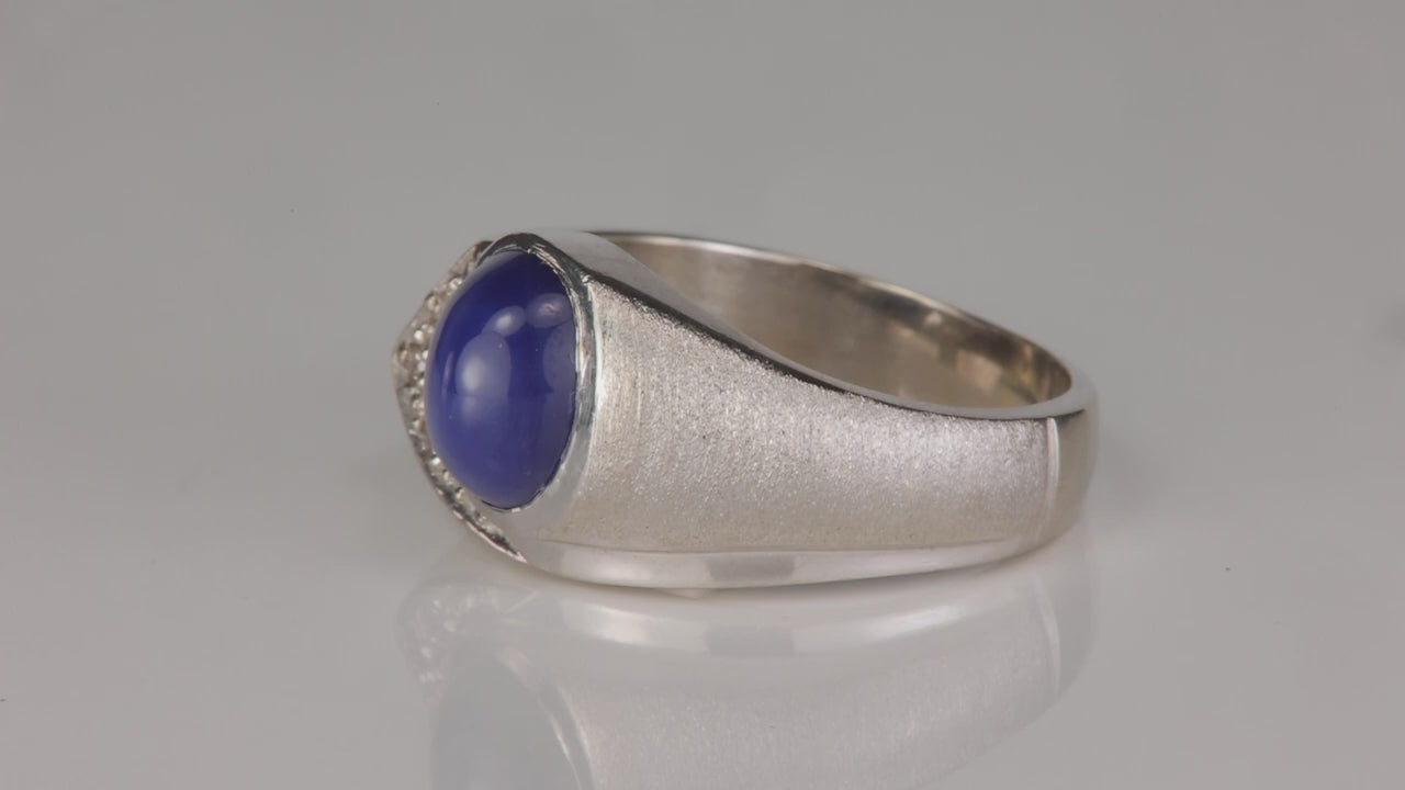 14K White Gold Synthetic Star Sapphire and Diamond Ring