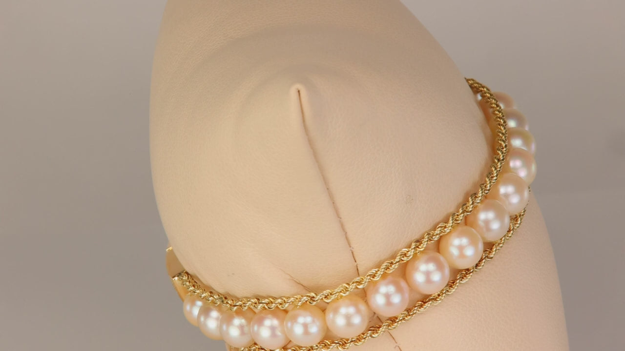 14K Yellow Gold Rope Link and Pearl Bracelet 7.25"
