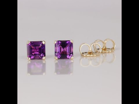 14K Yellow Gold Square Step Cut Amethyst Earrings 1.93 Carats