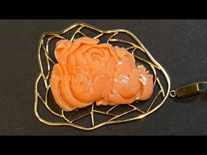 14K Yellow Gold Handcarved Angelskin Coral Peony Pendant