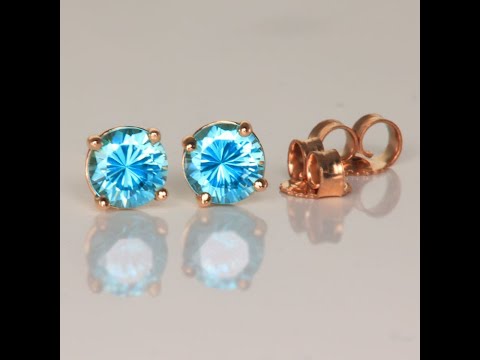14K Yellow Gold Round Cut Blue Zircon Earrings 1.53 Carats