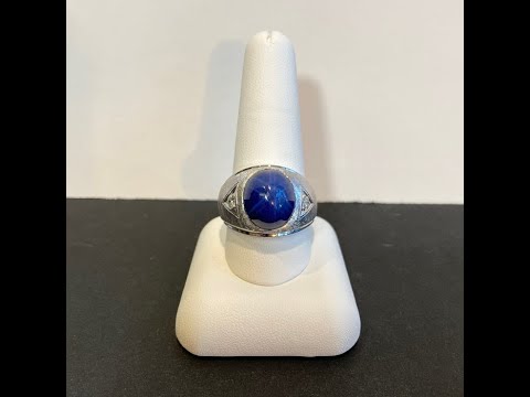 14K White Gold Gentleman's Synthetic Star Sapphire and Fine Diamond Ring