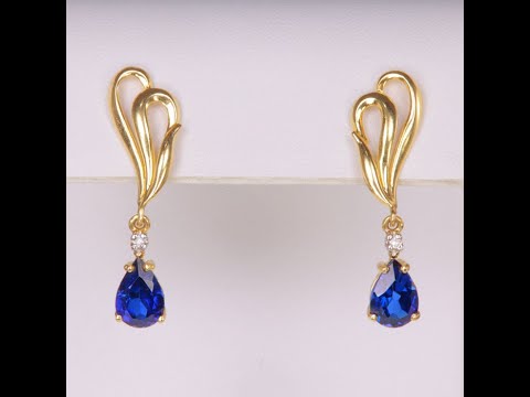 14K Yellow Gold Synthetic Sapphire and Diamond Earrings