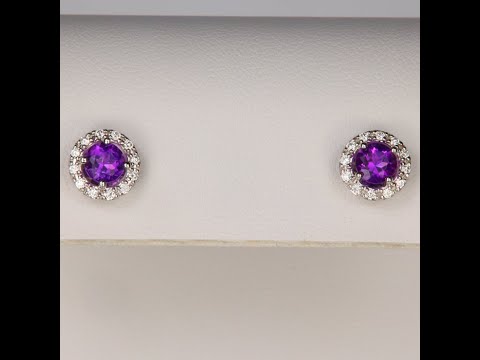 14K White Gold Diamond Halo Amethyst Stud Earrings .64 Carats