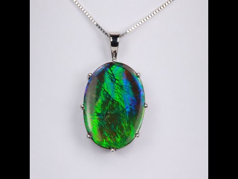 14K White Gold Oval Cabochon Ammolite Pendant 19.60 Carats