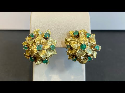 18K Yellow Gold Emerald Stud Pierced Earrings