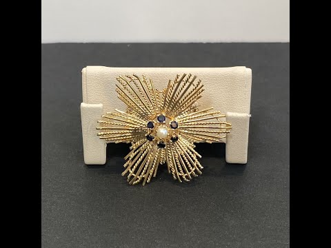 14K Yellow Gold Pearl and Sapphire Flower Pin
