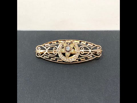 14K Yellow Gold Diamond and Seed Pearl Floral Horseshoe Pin