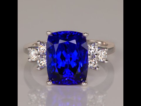 14K White Gold Antique Cushion Tanzanite Ring with Diamonds 6.96 Carats