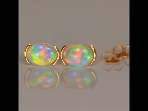 14k Yellow Gold Oval Australian Opal Earrings 1.50 Carats