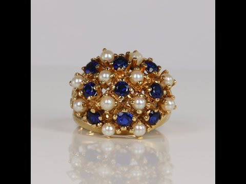 14K Yellow Gold Pearl and Synthetic Sapphire Cocktail Ring
