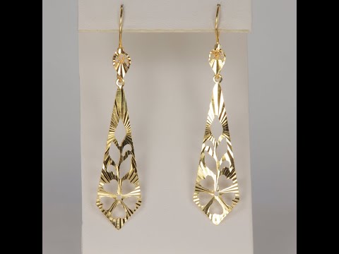 14K Yellow Gold Diamond Cut Flower Elongated Drop Earrings