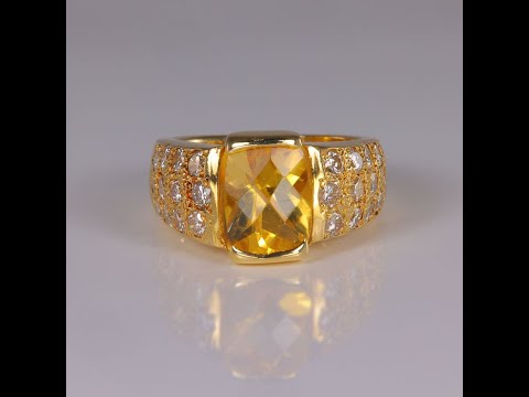 14K Yellow Gold Checkerboard Cut Citrine and Diamond Ring