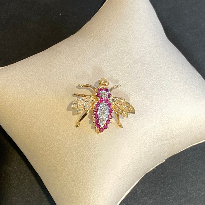 ruby and diamond pin in 14k yellow gold