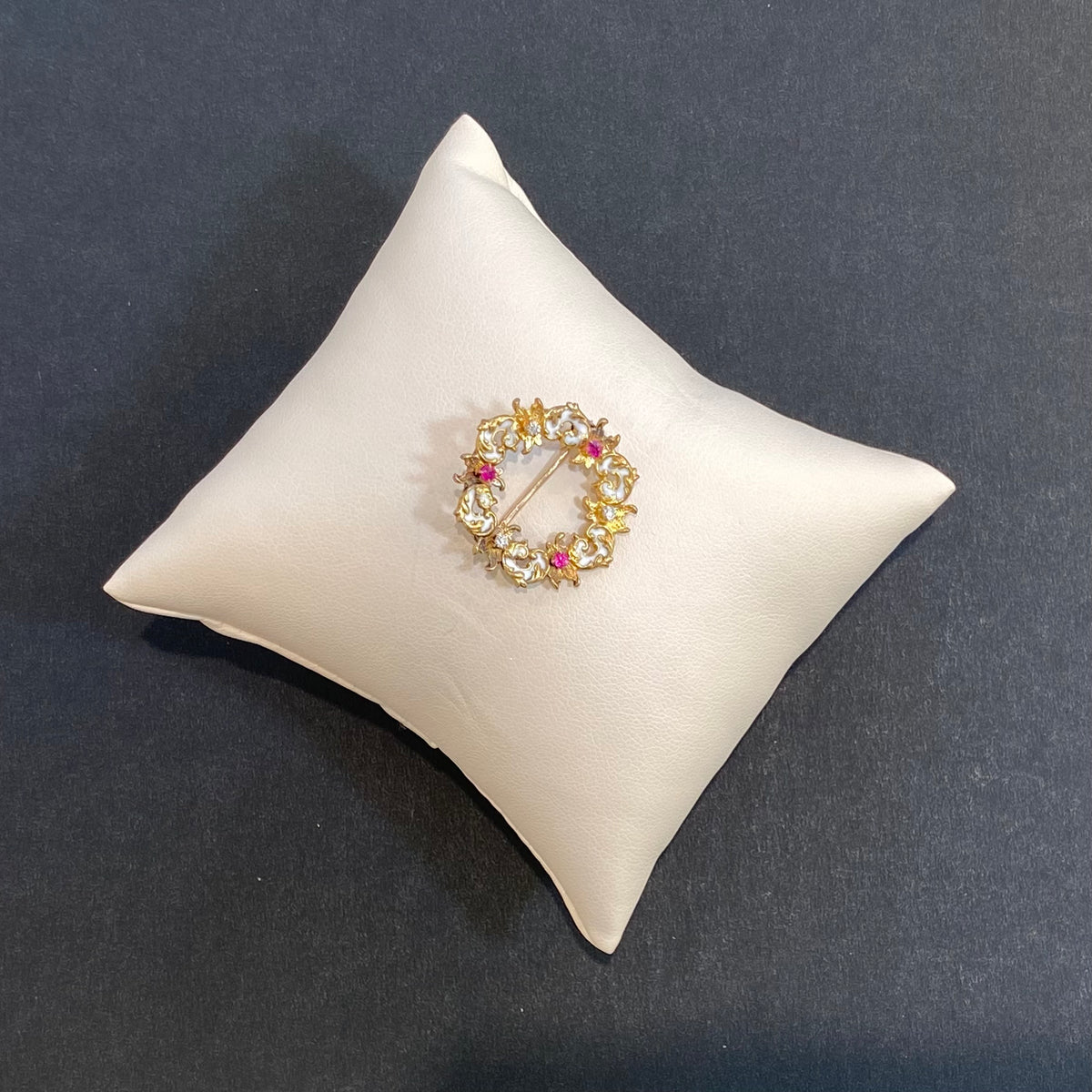 ruby diamond pin yellow gold and enamel