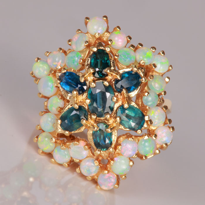 yellow gold sapphire and opal ring