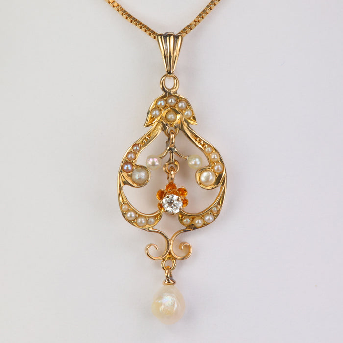 vintage yellow gold seed pearl and diamond pendant