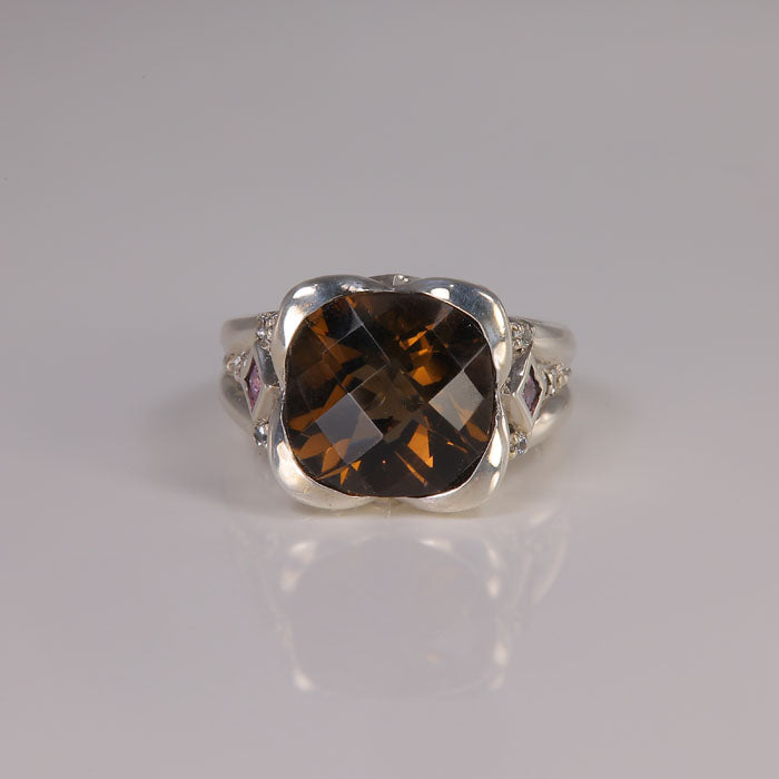 sterling silver smoky quartz ring with amethyst and diamond accents