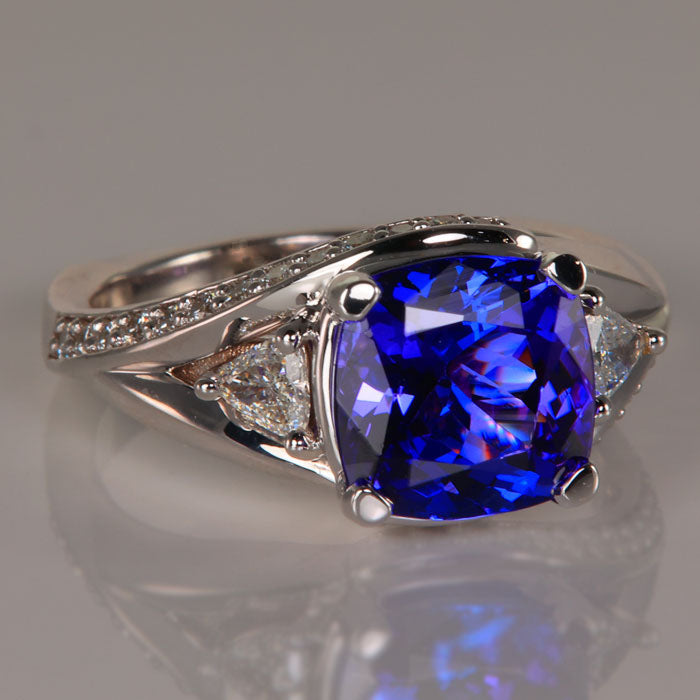 square cushion tanzanite and diamond ring