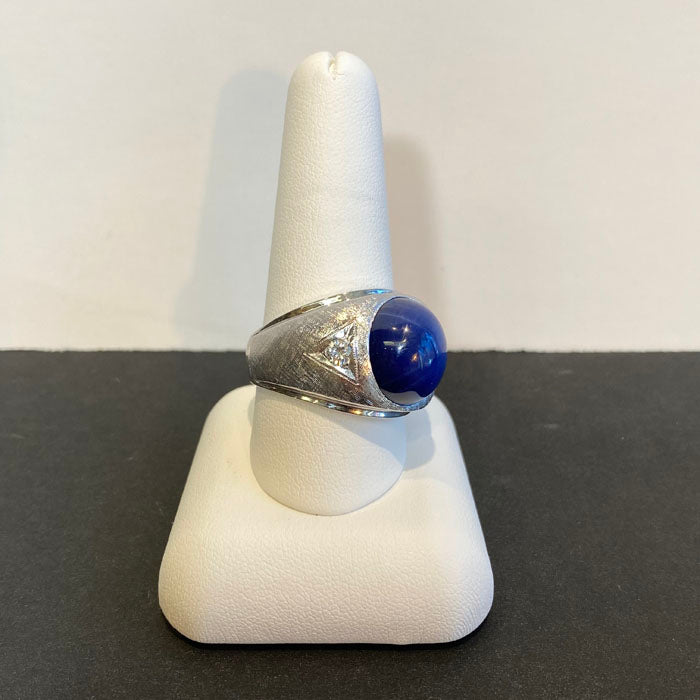 synthetic star sapphire diamond white gold mens ring