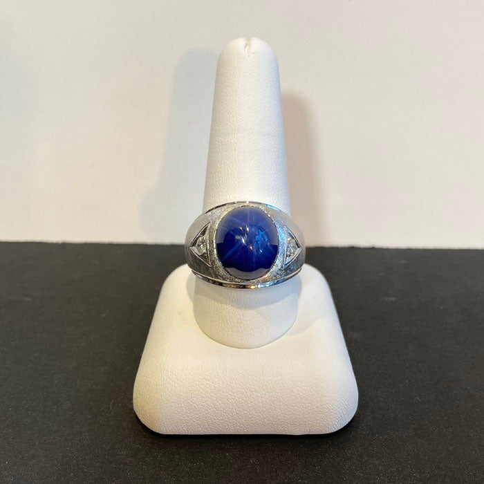 synthetic star sapphire diamond white gold mens ring