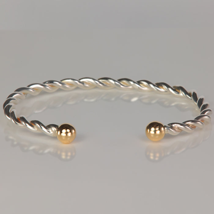 sterling silver twist bangle estate bracelet with yellow gold ball detail 
