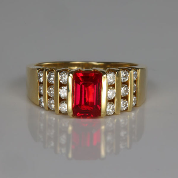14K Yellow Gold Synthetic Ruby and Fine Diamond Ring - Moriartys Gem Art