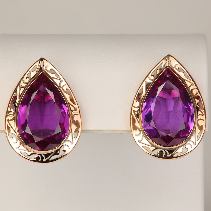 yellow gold pear shape synthetic sapphire earrings