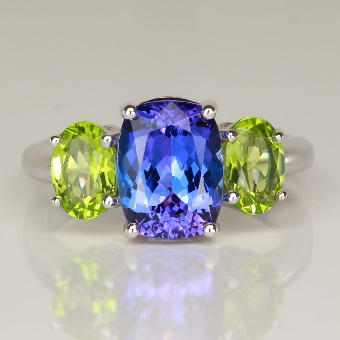 tanzanite and peridot gemstone ring in white gold