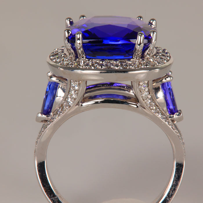 square cushion tanzanite ring with diamonds in white gold