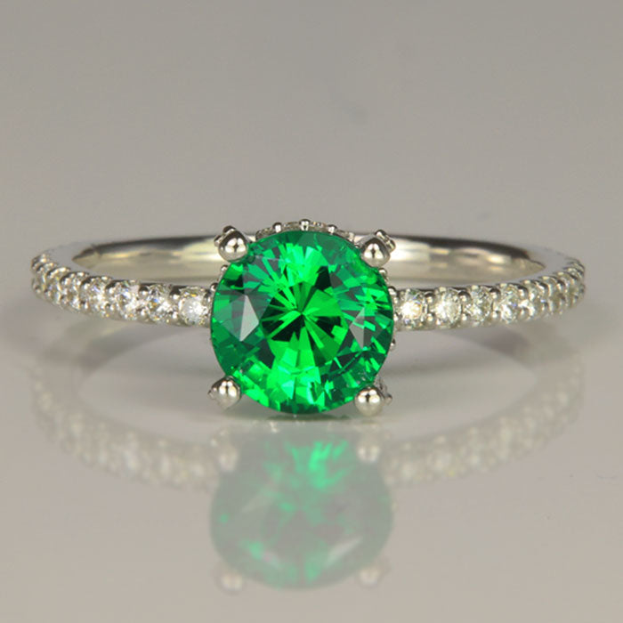white gold tsavorite green garnet gemstone ring with diamonds