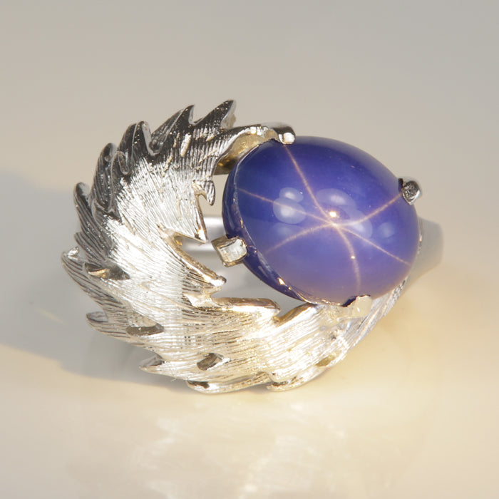 white gold ring with synthetic star sapphire 