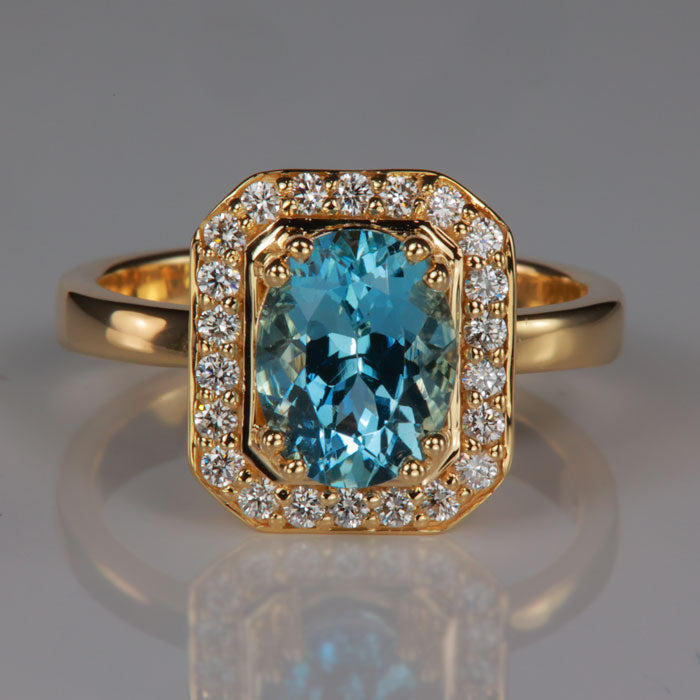 yellow gold aquamarine and diamond ring by christopher michael