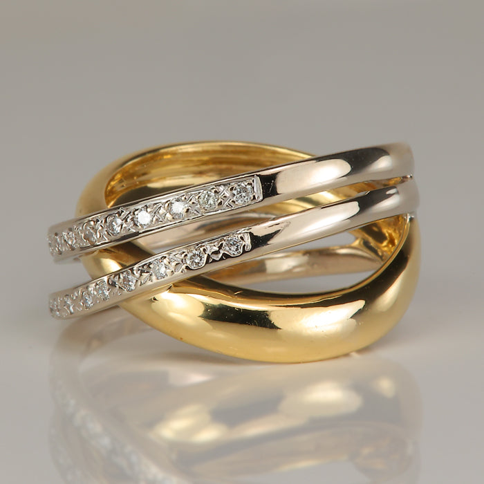 estate ring with diamond accents in yellow and white gold criss cross style