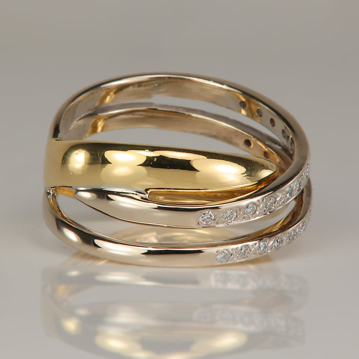 estate ring with diamond accents in yellow and white gold criss cross style