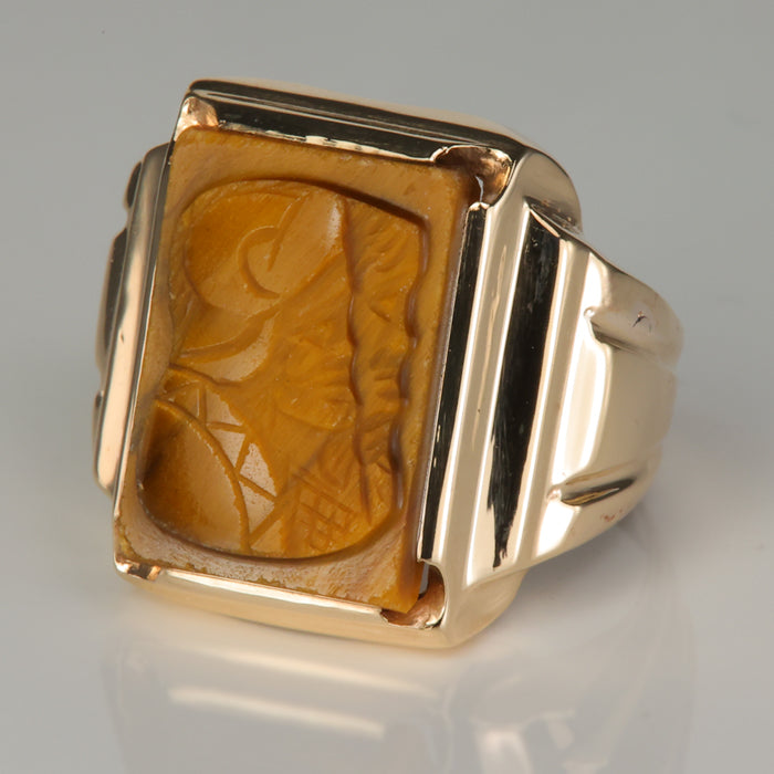estate gold ring with carved tigers eye spartans