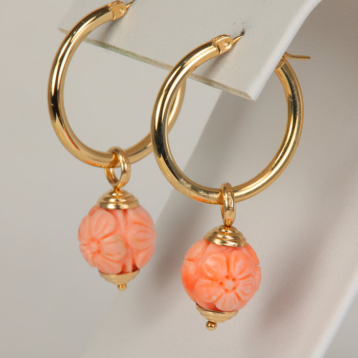 yellow gold hoop charms carved coral
