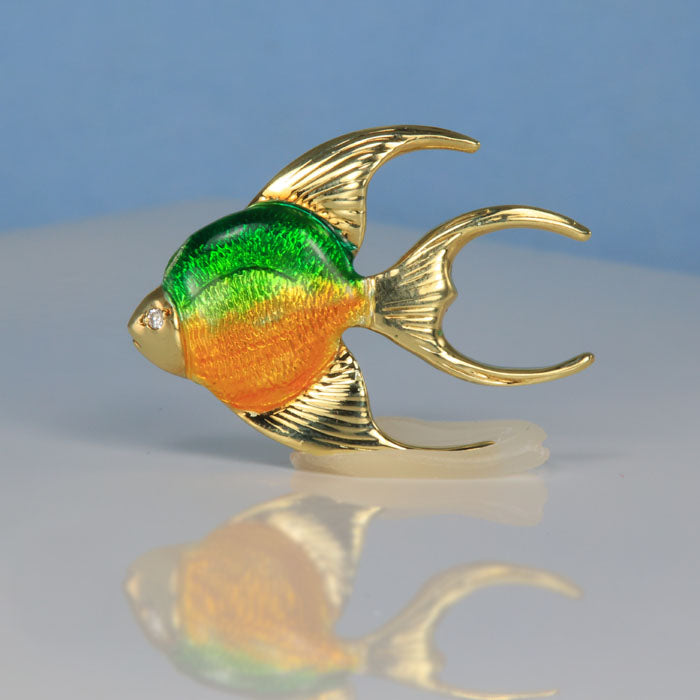 14K Yellow Gold Diamond Tropical Fish Pin/Brooch - Moriartys Gem Art