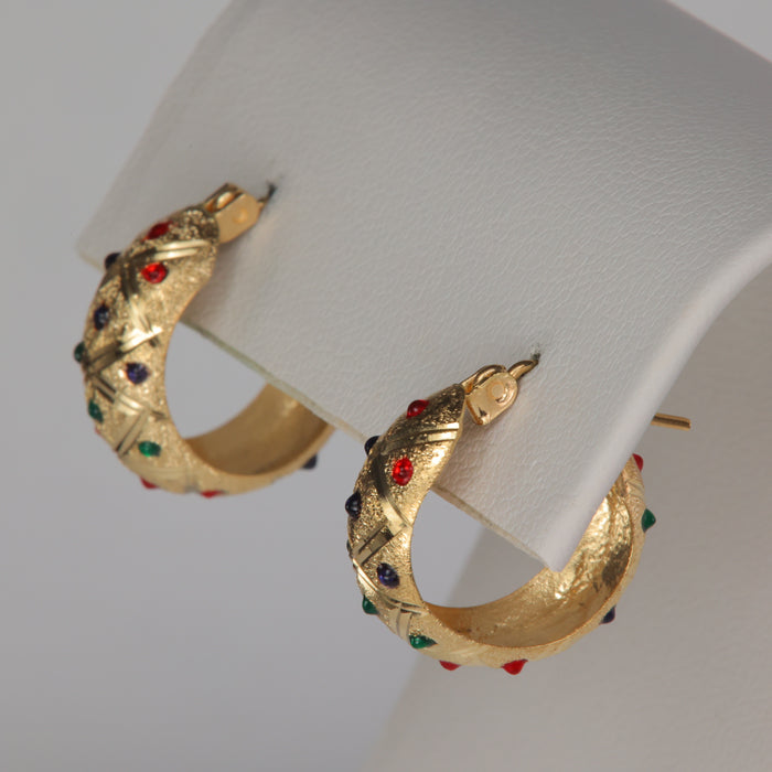estate gold hoops with enamel dots multi color