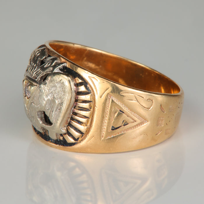 estate ring with white and yellow gold scottish rite emblem and diamond accent