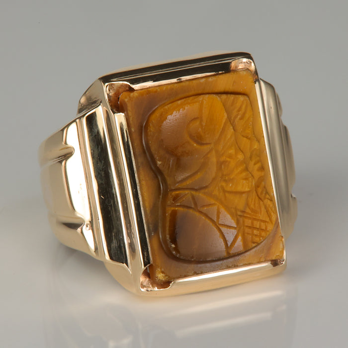 carved spartans tigers eye ring