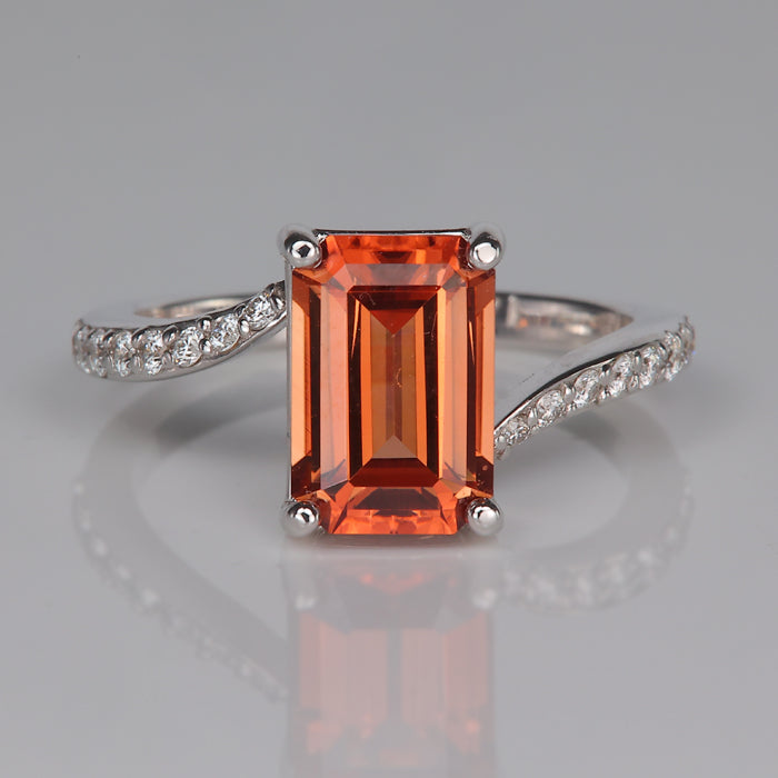 peach imperial zircon gemstone bypass ring with diamonds