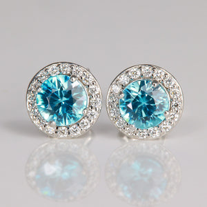 Blue Zircon Diamond Halo Stud Earrings