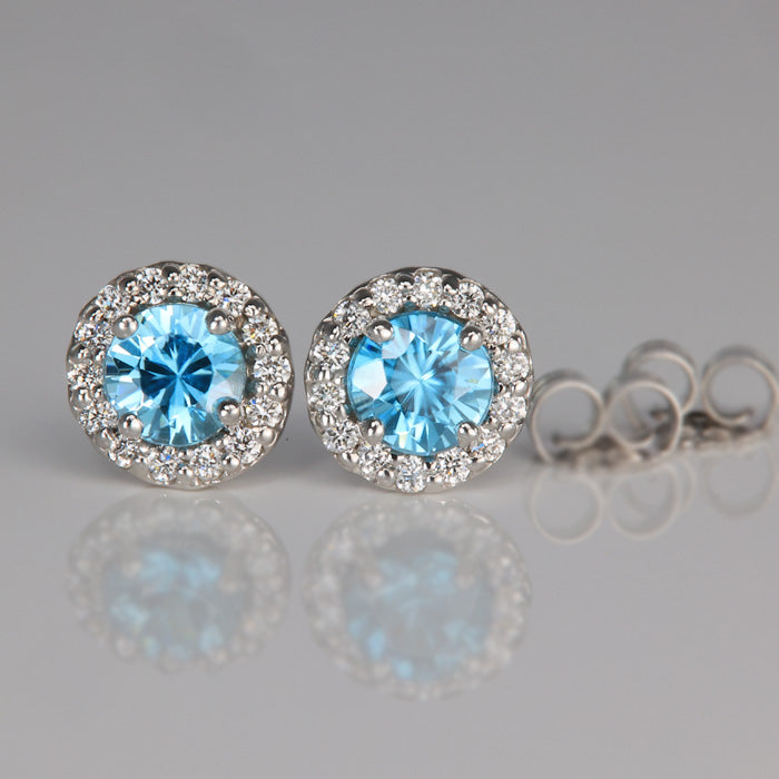 14K White Gold Blue Zircon and Diamond Halo Stud Earrings 1.55cts